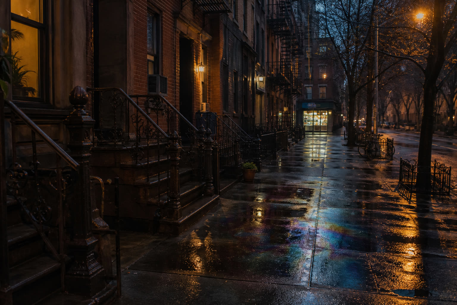 A wet brownstone sidewalk at dusk: fire-escape iron, oil sheen, bodega sodium at the far end of the block