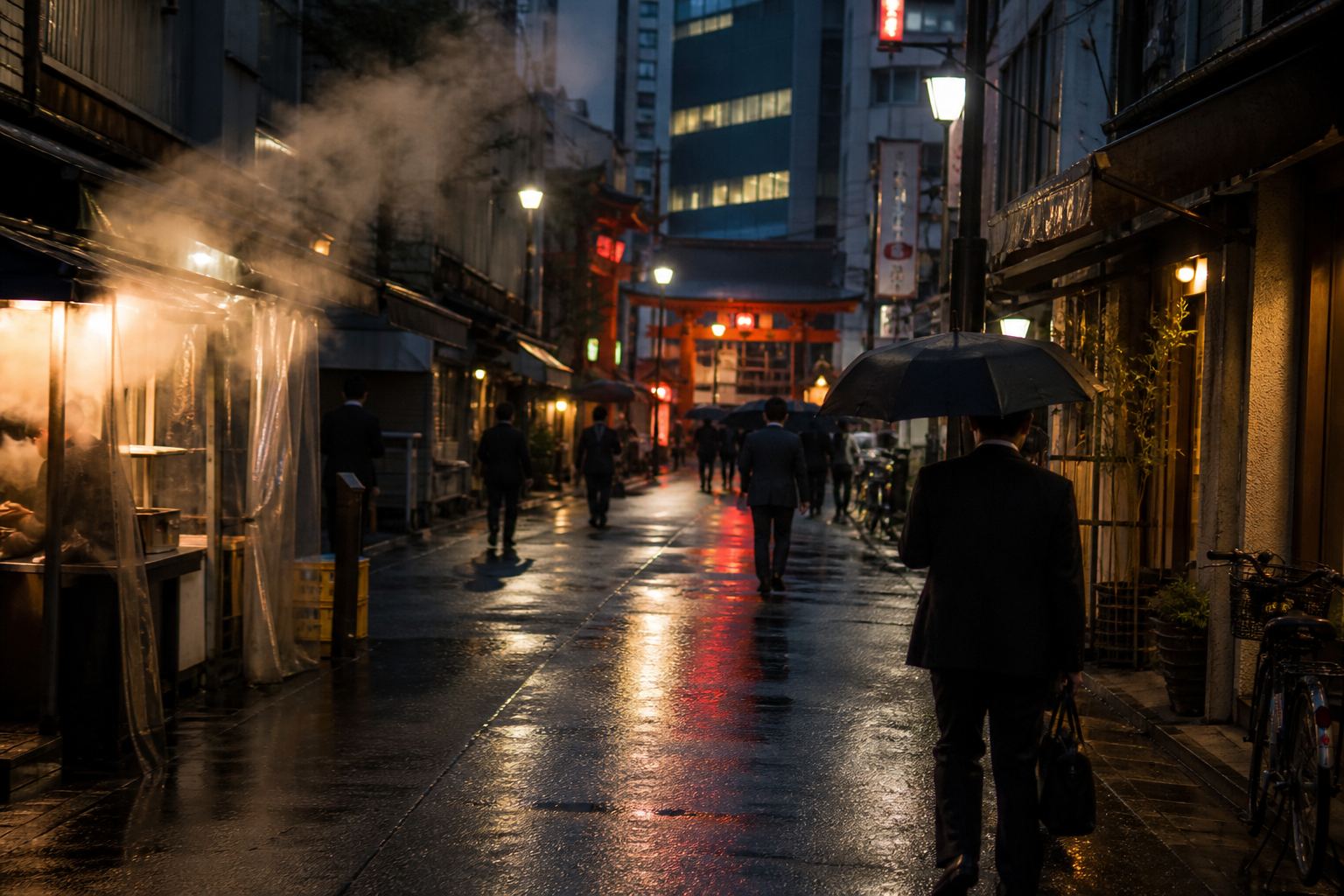 A wet East Asian alley at dusk: shop lights, a commuter with an umbrella, a vermilion gate at the far end