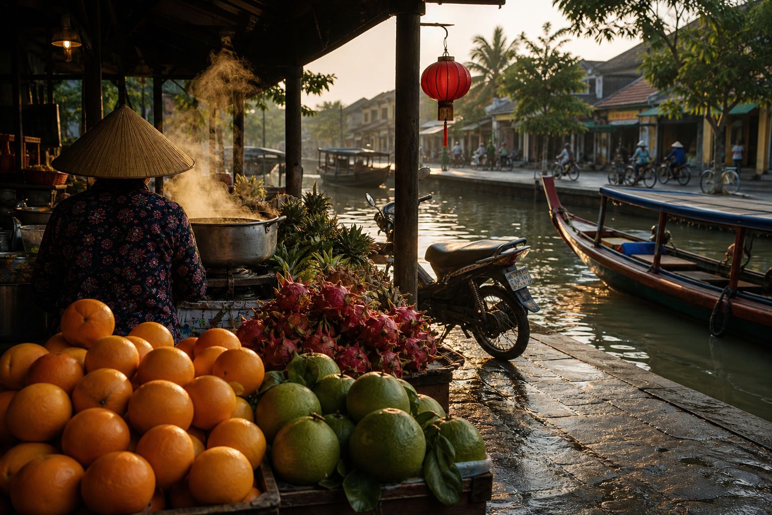 A canal-side morning market in Southeast Asia: citrus and dragon fruit, steam from a pot, a motorbike, a red lantern