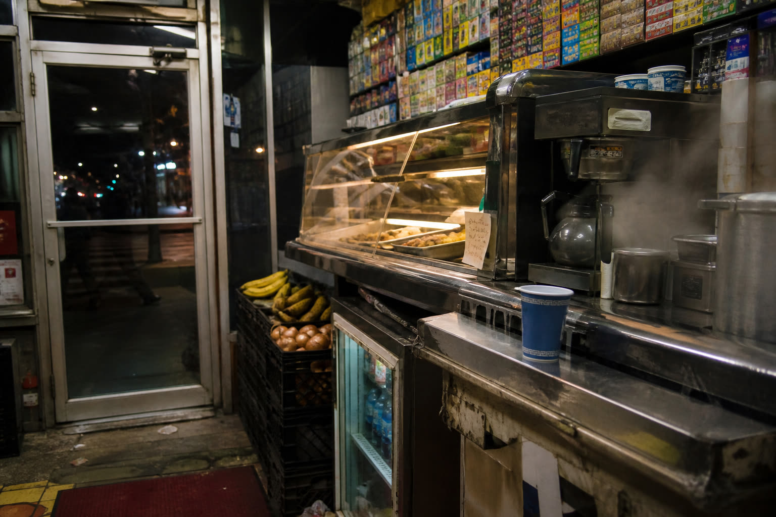 Bodega fluorescent on a chrome deli case, coffee steam, a blue cup, onions in a crate