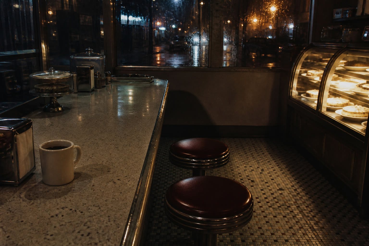 Late diner chrome: two empty stools, rain on the window, one coffee still working