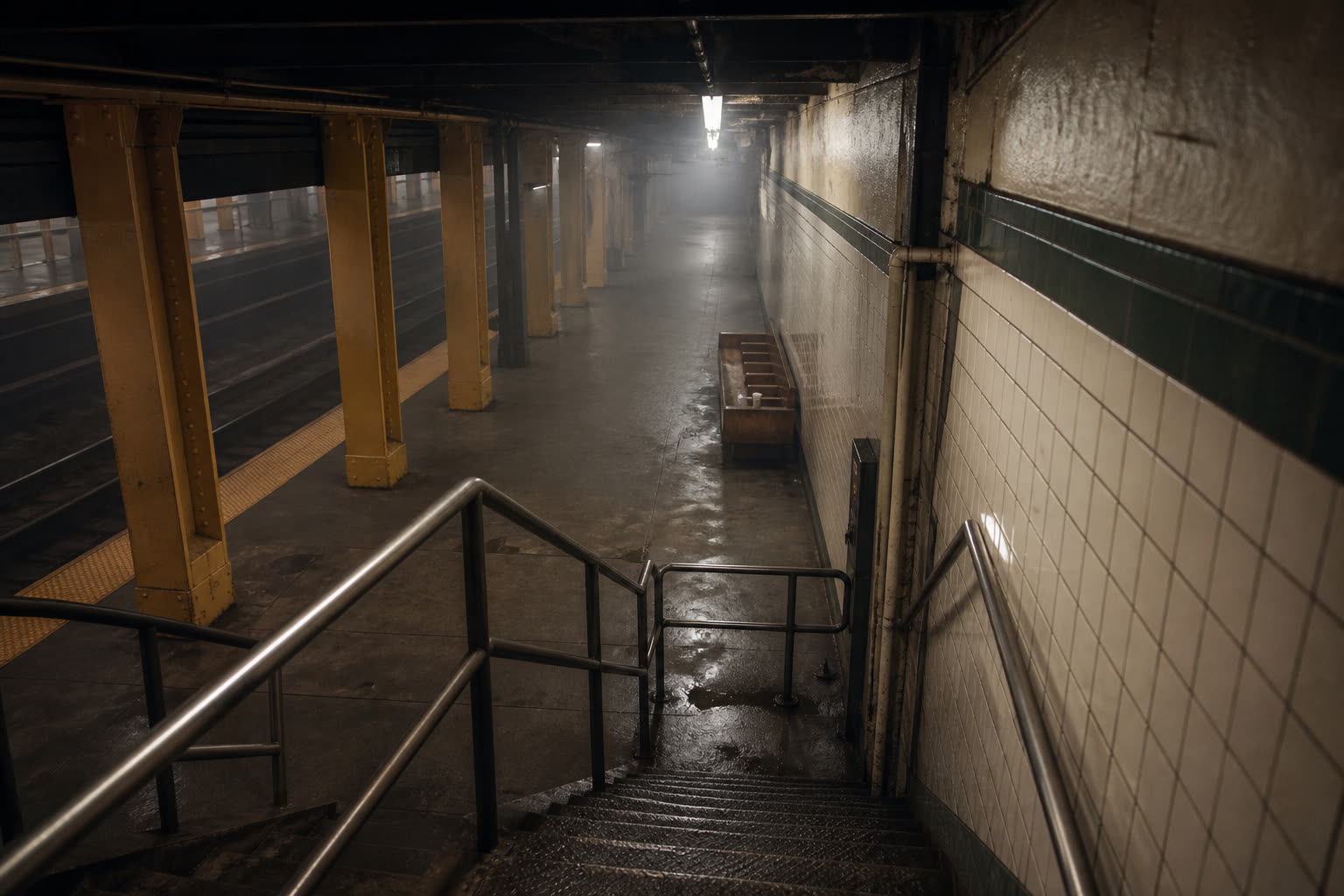 Cream subway tile and a wet stair, yellow columns, brake-dust haze on an empty platform