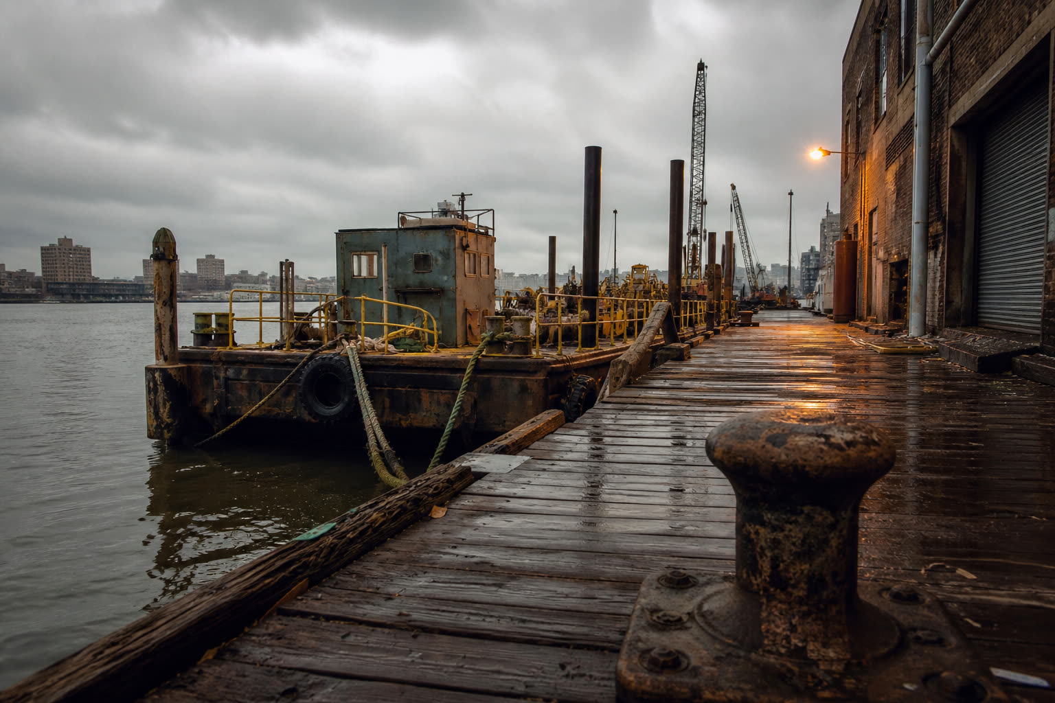 A working river pier: wet boards, rusted bollard, a barge passing, the water used as work
