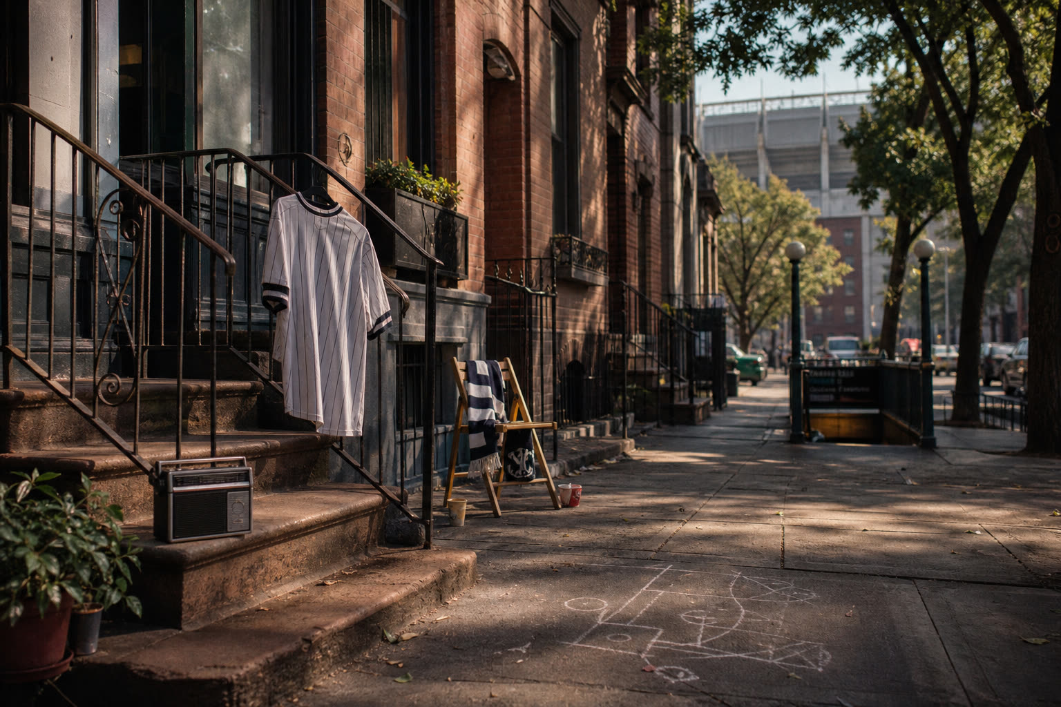 A stadium-neighborhood stoop: a jersey on the rail, a radio, chalk on the sidewalk, the train stair already starting the day