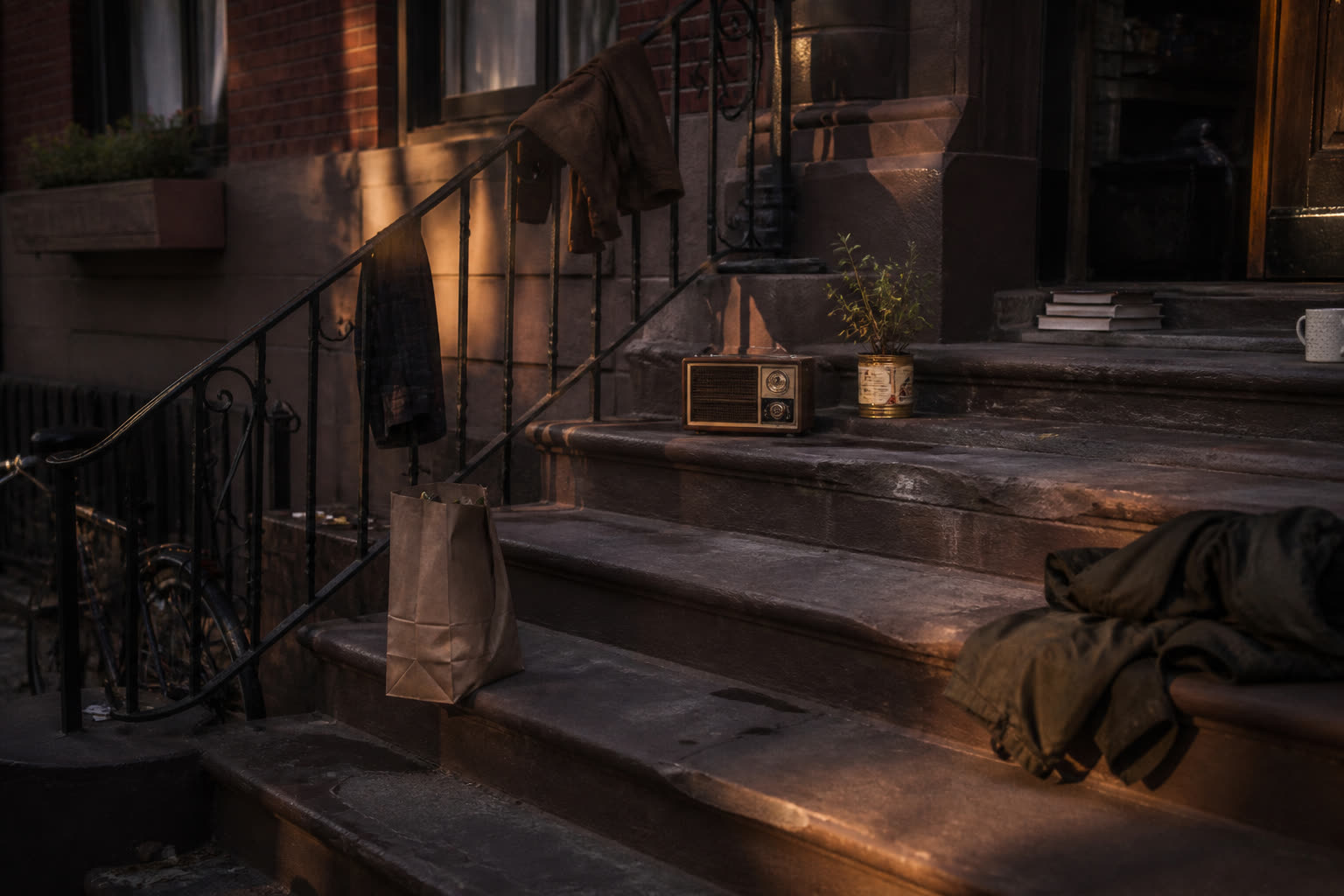 A brownstone stoop used as a room: coats on the rail, a grocery bag, a radio, no one posing